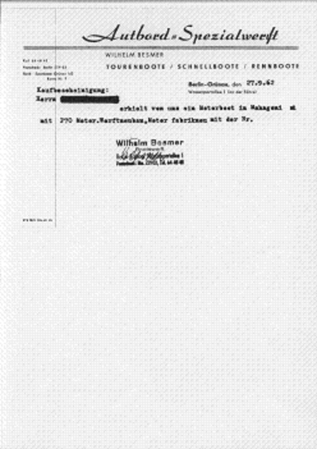 Kaufbescheinigung von 1962 zu einer Seddin mit P70 Motor