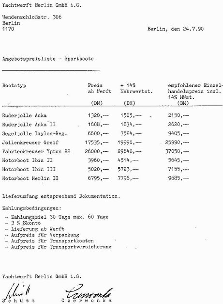 Preisliste aus dem Jahr 1990