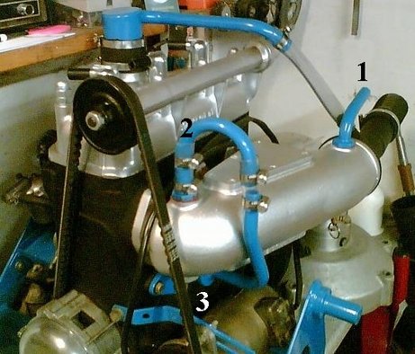 1 Wassereinlaß 2 Wasserauslaß 3 Wasser in Motor